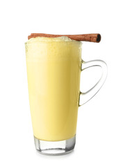Glass cup of delicious turmeric latte and cinnamon on white background