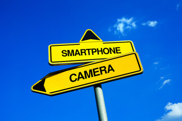 Smartphone vs Camera - decision and comparison between electronics and technology device for taking photograph and photo. Traffic sign with two options and choices.