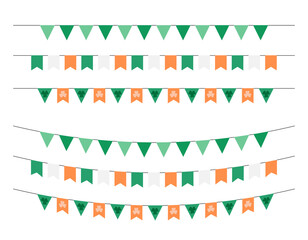 St Patricks Day party flags isolated. Vector set of traditional Saint Patricks holiday buntings and garlands. Festive Irish decorations collection