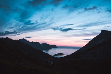 Senja Lofoten Norway view on Husoy island during sunset