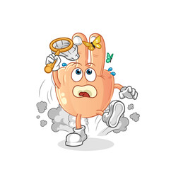 peace finger head cartoon catch butterfly illustration. character vector
