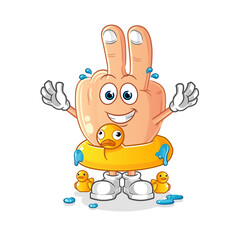 peace finger head cartoon with duck buoy. cartoon mascot vector