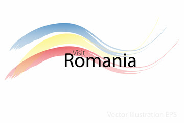 the slogan visit Romania with curved waves in watercolor style which are in the colors of the national flag. Vector Illustration