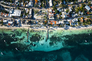 Fototapeta na wymiar Aerial view of Puerto Morelos, between Cancun and Playa del Carmen. Caribbean Sea 