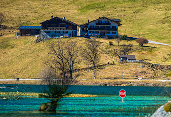 Flooded lake Hintersee in the Alps