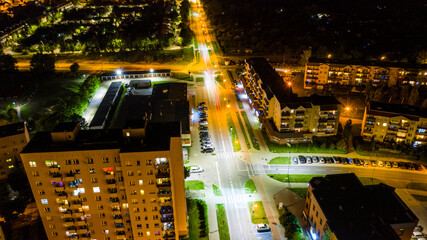 Fototapeta na wymiar Nocny widok z lotu ptaka na ul Szarych Szeregów, osiedle Manhattan, Gorzów Wielkopolski 