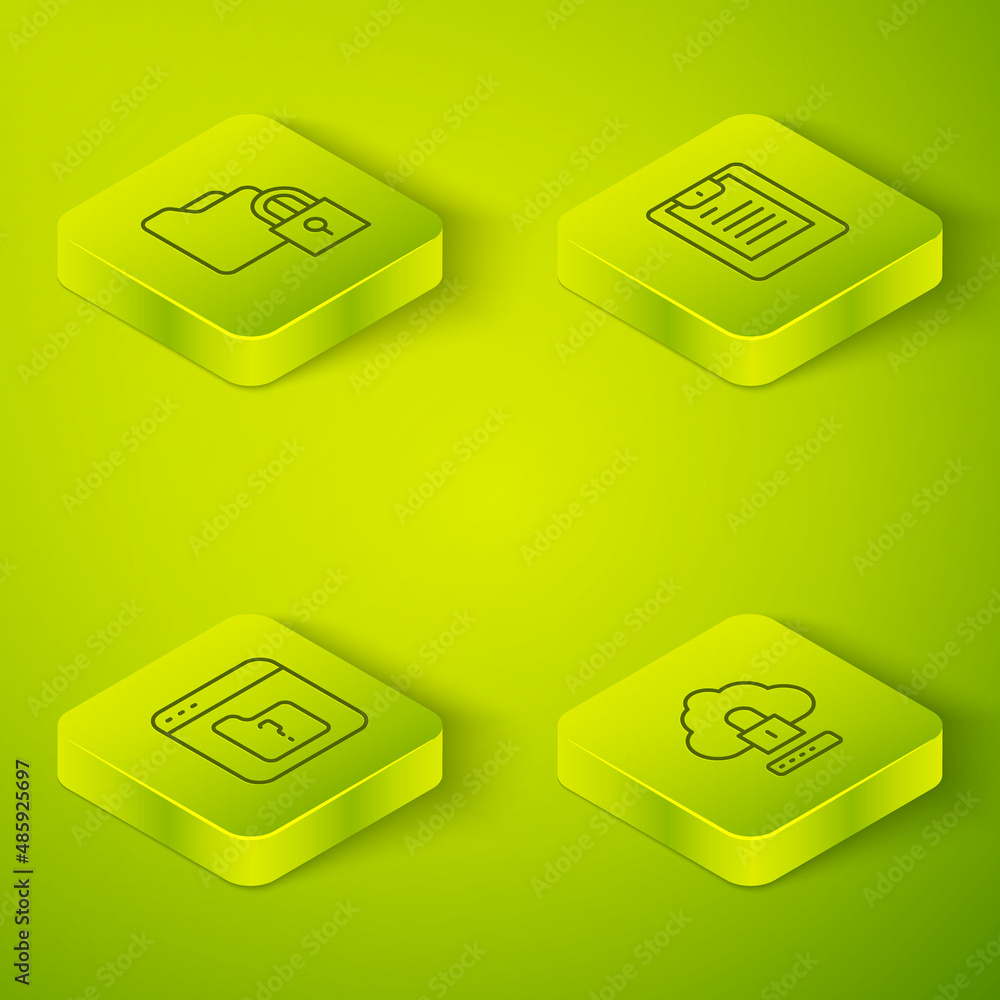 Aufkleber set isometric line server, data report, file missing, cloud computing lock and folder and icon. vect