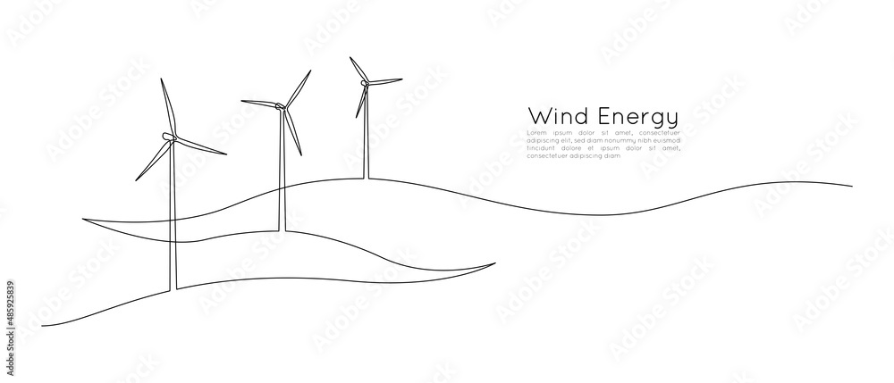Poster one continuous line drawing of wind turbines and windmill among hilly landscape. green energy and re