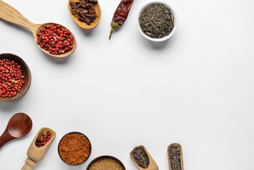 Set of different spices on white background