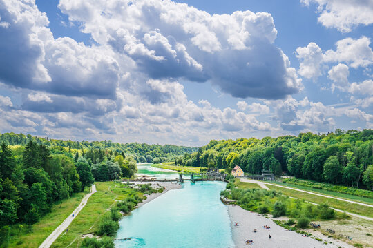 View on Turquoise isar river in Munich, Germany