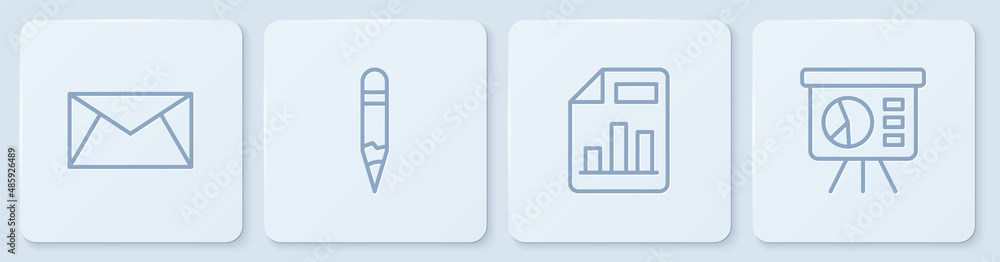 Poster Set line Mail and e-mail, Document with graph chart, Pencil and Board. White square button. Vector