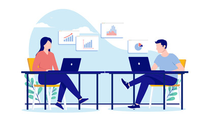 Fototapeta na wymiar Man and woman working on computers - Two people sitting at desk doing work with charts and graphs. Flat design vector illustration with white background