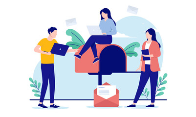 Working on newsletter - Business people in casual clothing planning newsletters together. Flat design vector illustration with white background