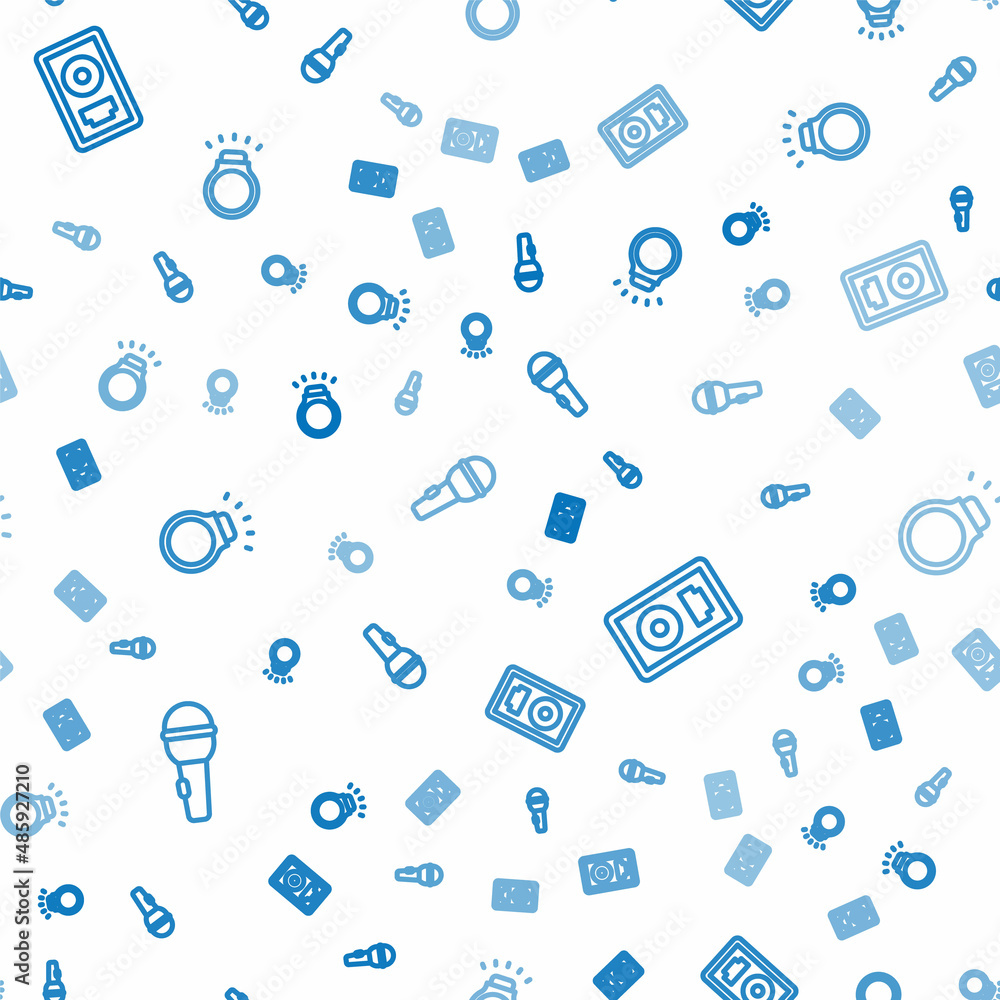 Poster set line microphone, cd disk award in frame and diamond ring on seamless pattern. vector