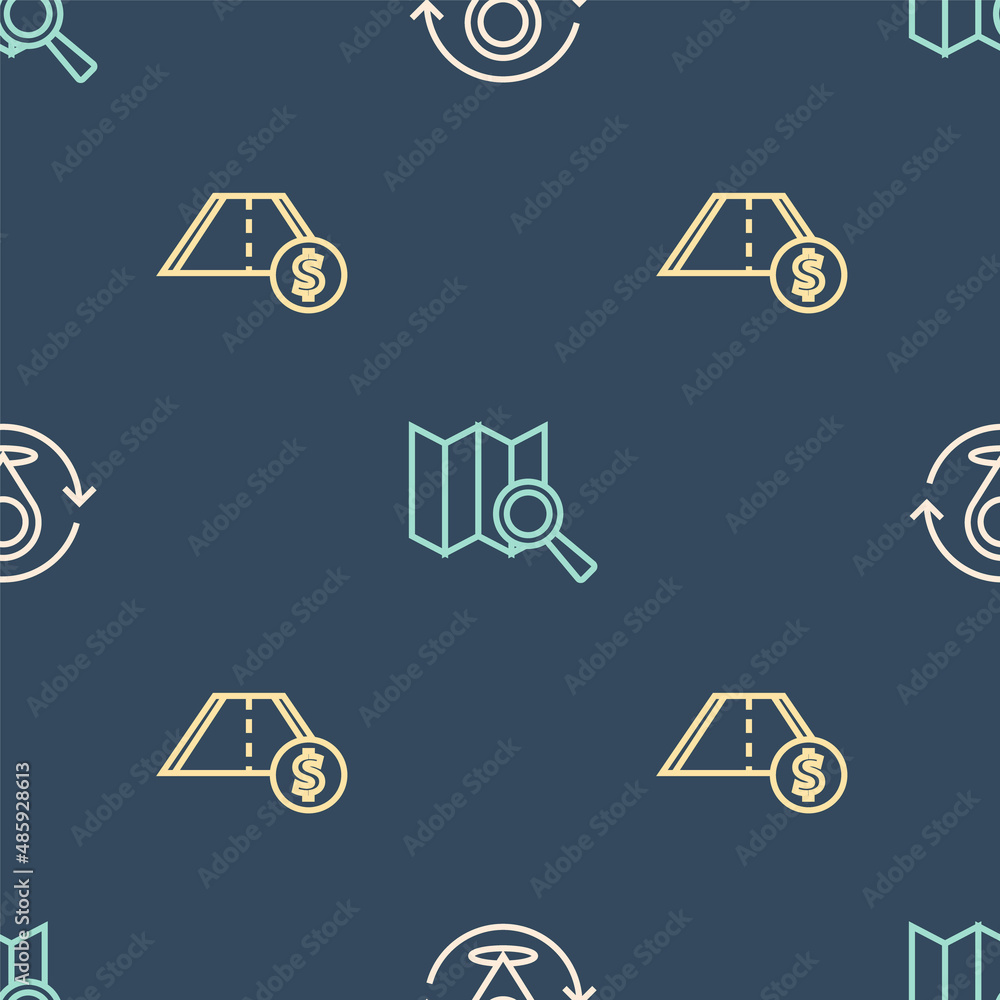 Poster set line map pin, toll road traffic and search location on seamless pattern. vector