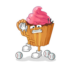 cupcake baseball pitcher cartoon. cartoon mascot vector