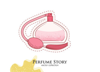 Classic Perfume bottle illustration. Glamour fragrance isolated icon. Woman perfume atomizer in retro bottle sticker