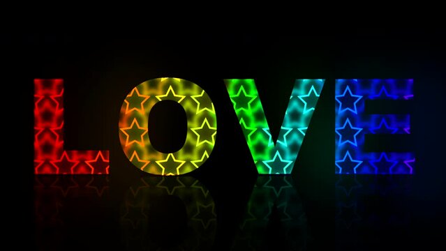 Text rainbow animation 2D. Animated stars in letters, love on black background. St. Valentine's day. Romantic abstract concept for project