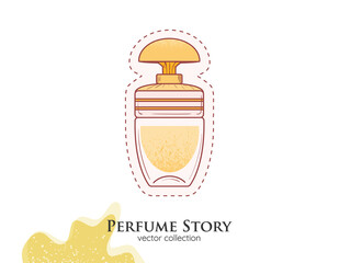 Classic Perfume gold bottle illustration. Glamour fragrance isolated icon. Woman perfume in retro bottle sticker