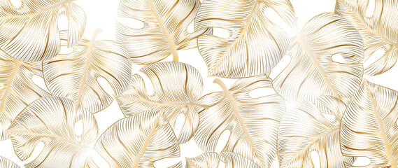 Luxury background with gold monstera leaves in line art style. Botanical art banner with tropical plants for design, decoration, packaging © VectorART