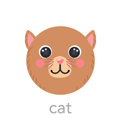 Cat brown Cute portrait smile head cartoon round shape animal face isolated avatar vector icon illustrations on white background. Flat simple hand drawn for kids poster UI app, t-shirts, baby clothes
