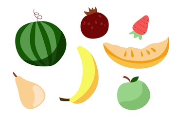 Trendy minimalist set with fruits. Vector illustration in flat style with watermelon, apple, banana, pear, pomegranate isolated on white background. Suitable for menus and presentations and packaging