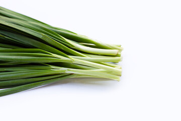 Fresh Chinese Chive leaves on white background.