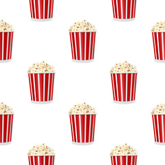 Cartoon illustration with yellow popcorn pattern on white background. Pink, white pattern vector illustration