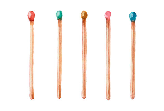 Watercolor multicolored match sticks on a white background