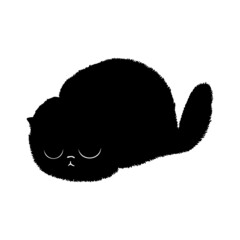 Fluffy black cat. Vector cute kitten silhouette. Hand drawn illustration in flat style perfect for icon, card, poster, sticker, patch, pin
