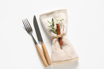 Stylish simple table setting and flowers on white background