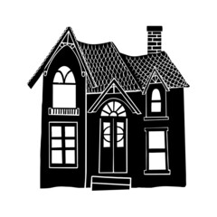 Vector Halloween house silhouette isolated on white background. Detailed hand drawn building