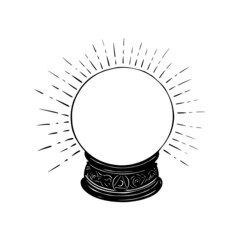 Hand drawn magic crystal ball line art and dot work. Boho chic tattoo, poster or altar veil print design vector illustration
