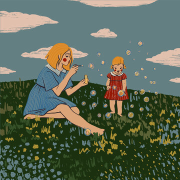 Mother and daughter blowing bubbles together scene. Outdoor Family time concept. Hand drawn flat illustration