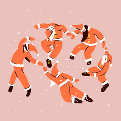 Matisse inspired santas dancing. Santa Clauses in free movement poses. Flat vector illustration isolated on dark background perfect for print design, card, poster