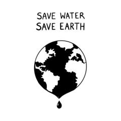 Planet leaking Silhouette with quotes Save water, Save Earth. World Environment protection concept. Vector global warming illustration