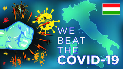 Italy's victory over the coronavirus COVID-19. Fist and virus icons are falling apart.