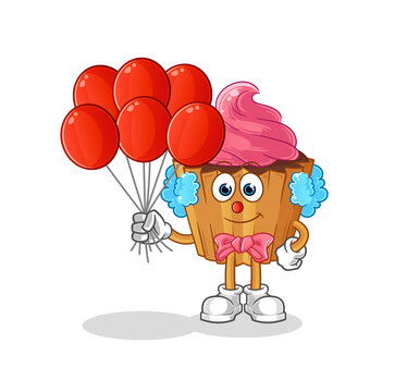 cupcake clown with balloons vector. cartoon character