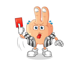 peace finger head cartoon referee with red card illustration. character vector