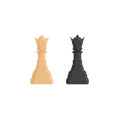Pixel  Queen icon vector chess. Chessmen figure pixel art pieces. 