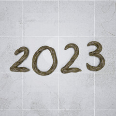 Happy New Year 2023 Background Template. Holiday 3D render of 2023 shit on bathroom tiles. Background Festive Poster or Banner Design. Modern Happy New Year Background