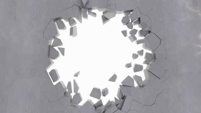 3D render of broken Concrete wall, Explosion, destruction, Isolated on white background, Concrete wall flying into small pieces.