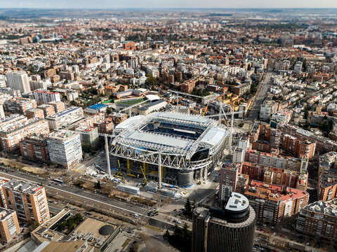 Madrid, Spain - February 05, 2022: Santiago Bernabeu stadium during renovation. Top view.