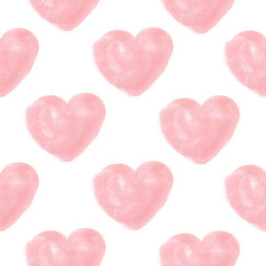 Seamless pattern of watercolor hearts. Soft pink pastel color.