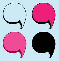 pink round speech bubble icon. a set of options for a speech bubble in a comic style, similar to a comma, an isolated black outline and a silhouette with an empty space inside for your text