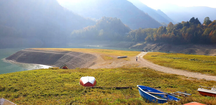 Sunrise on Lake Corlo. Panorama.