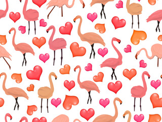 Nahtloses Muster mit rosa Flamingos und Herzen auf weißem Hintergrund.