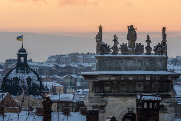 Ukraine, Lviv, VUL. VICHEVA, 2 - January, 2022: Mannerist attic of tower of CHURCH OF ALL SAINTS...