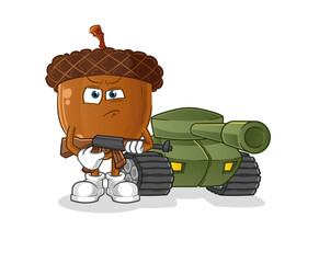acorn head cartoon soldier with tank character. cartoon vector