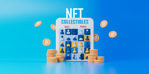 3d rendering NFT or non-fungible token for collectible artwork.